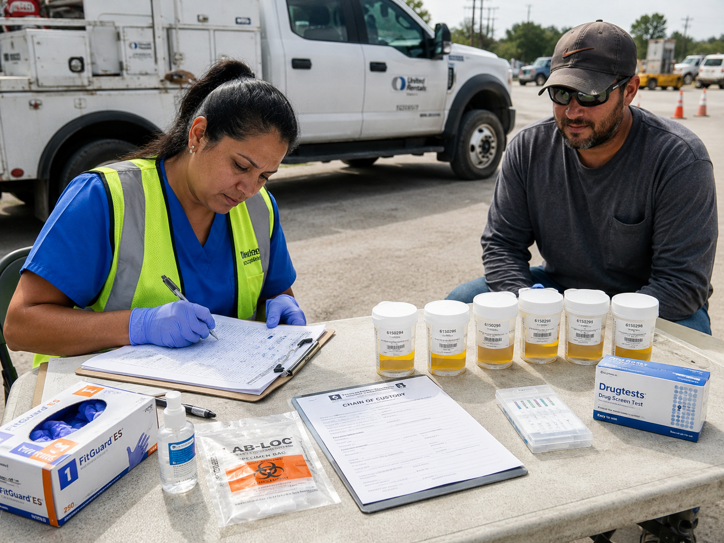 Mobile drug testing collection with specimen cups, chain-of-custody paperwork, and rapid test kits